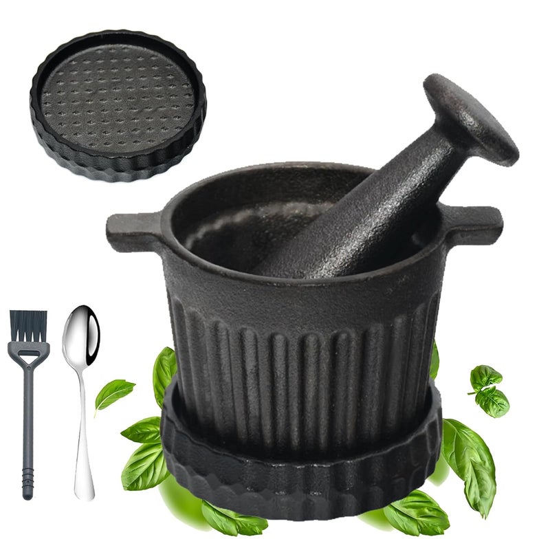 ENEM UKEMEN Cast Iron Mortar and Pestle Set, 3-Piece Small Garlic Grater Plate with Brush and Scoop, Heavy Duty Muddler and Bowl Grinder Set Perfect for Guacamole/Spices/Herbs/Solid/Metal/Glass/Rock - Image 1
